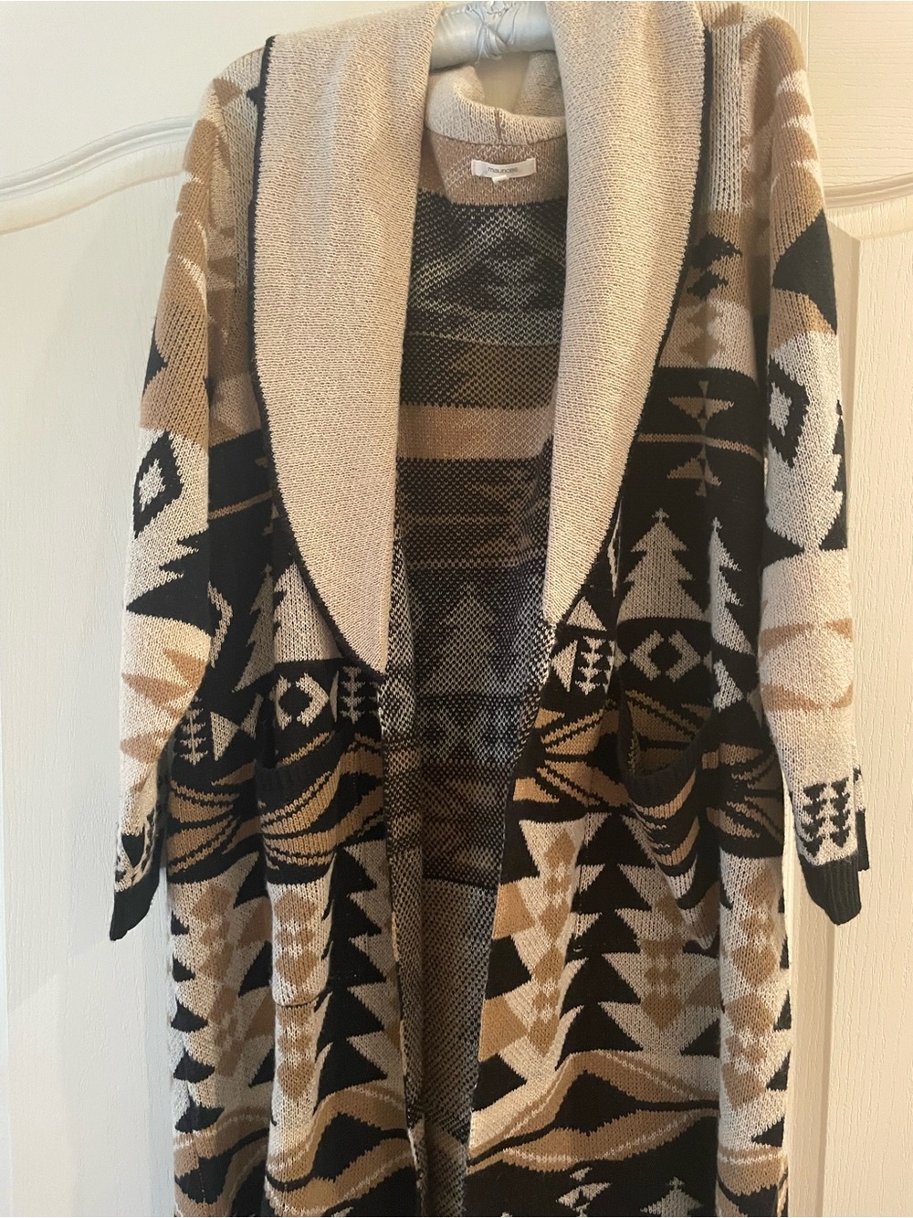 Maurices Neutral Aztec-Print Open-Front Long Cardigan - Beige Black Tan